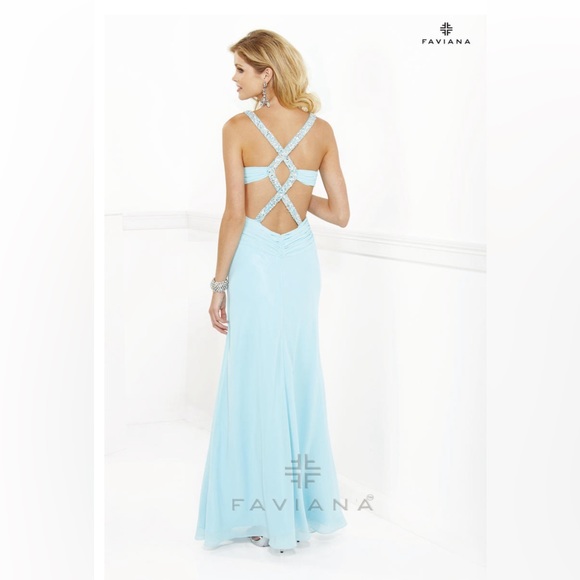aqua blue gown with gems on straps - Picture 3 of 3